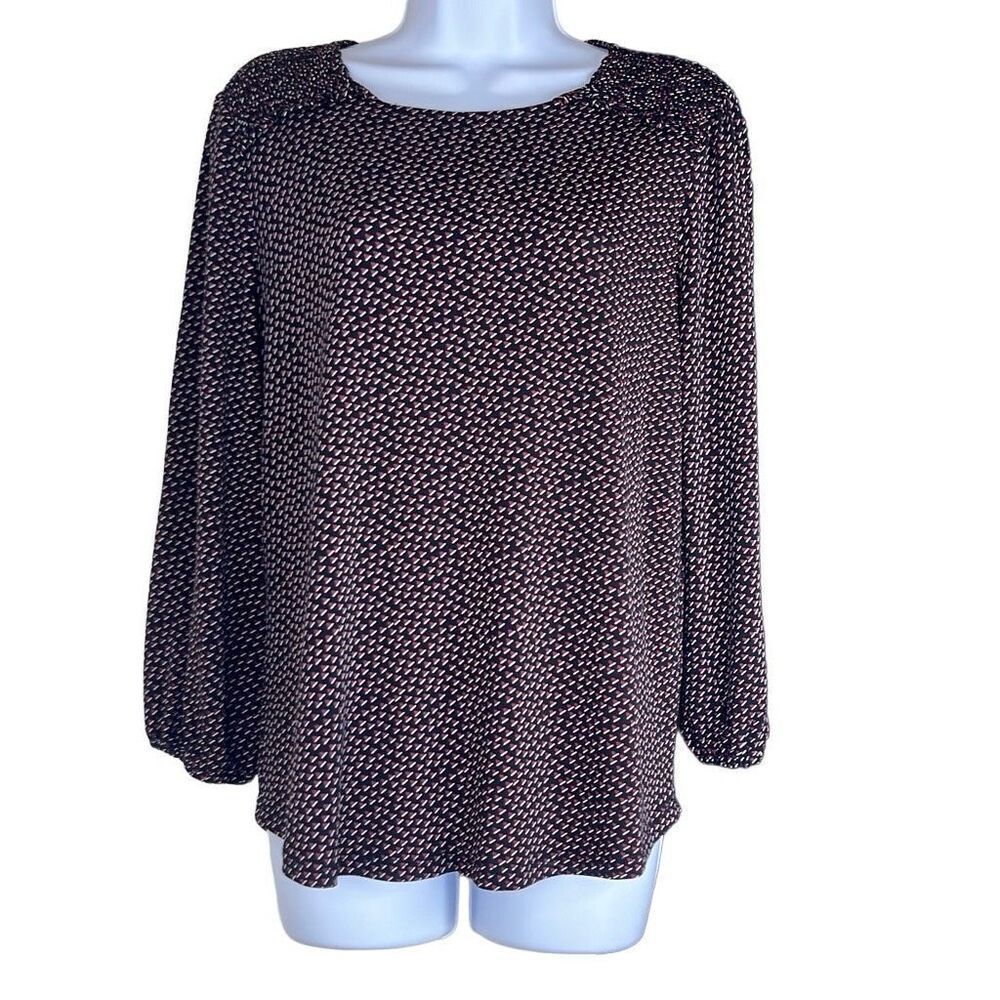 Adrianna Papell Heart Print Black Red Smocked Shoulder Blouse Medium Long Sleeve
